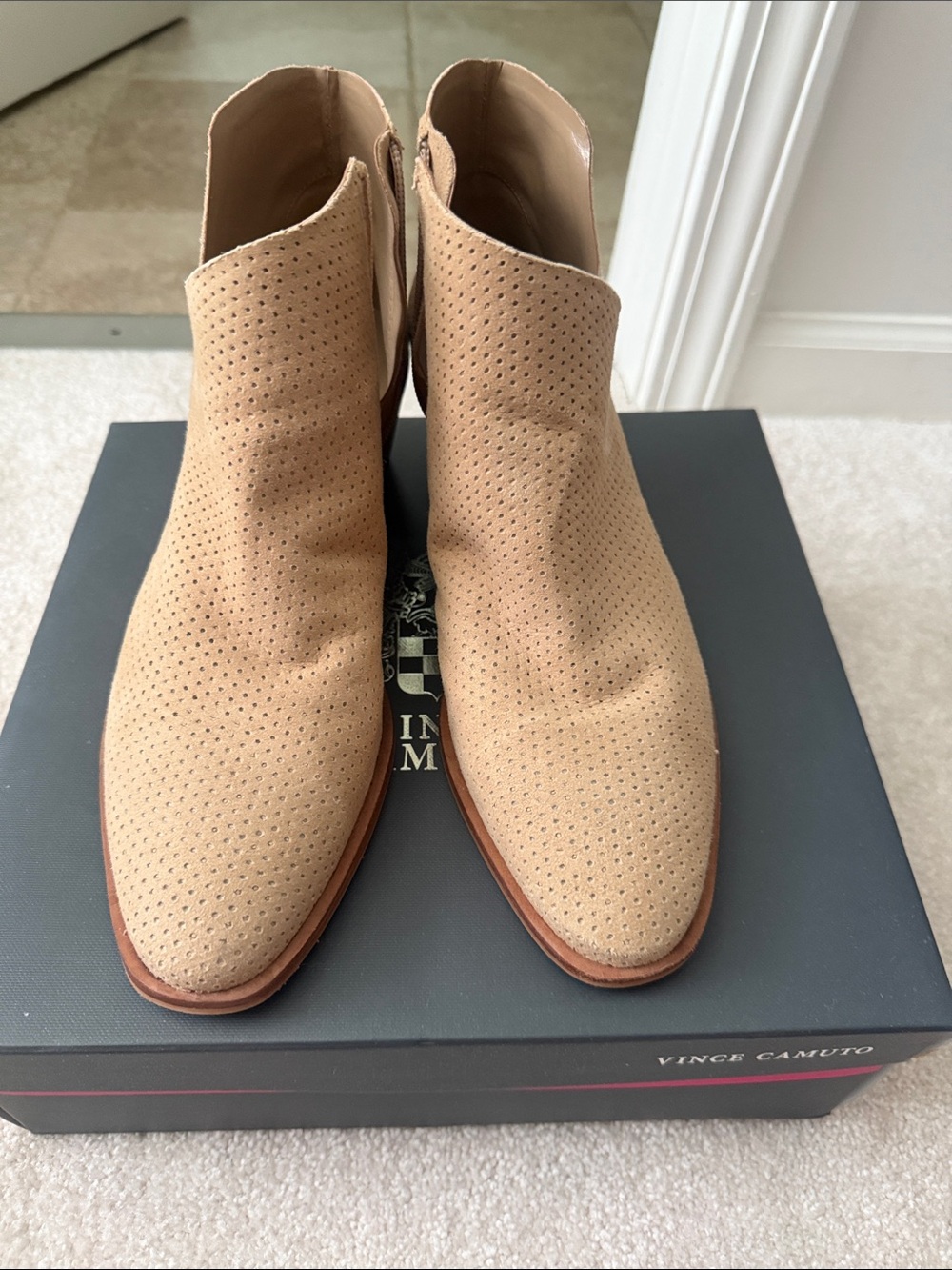 Vince Camuto Perforated Suede Ankle Booties in Tan Size 10